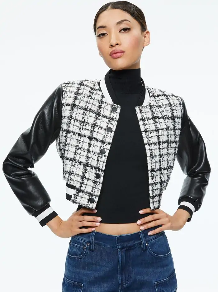 CAMELIA CROPPED COMBINATION VARSITY JACKET